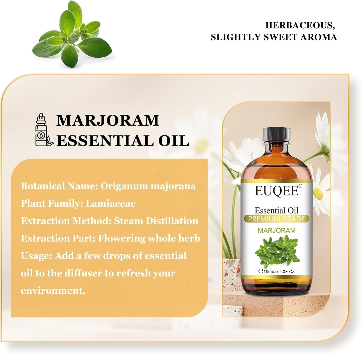 Mairūno eterinis aliejus, 118 ml didelis buteliukas, aukščiausios kokybės mairūno aliejus su stikliniu lašintuvu, puikiai tinka difuzoriams, muilo žvakėms gaminti - 4 oz