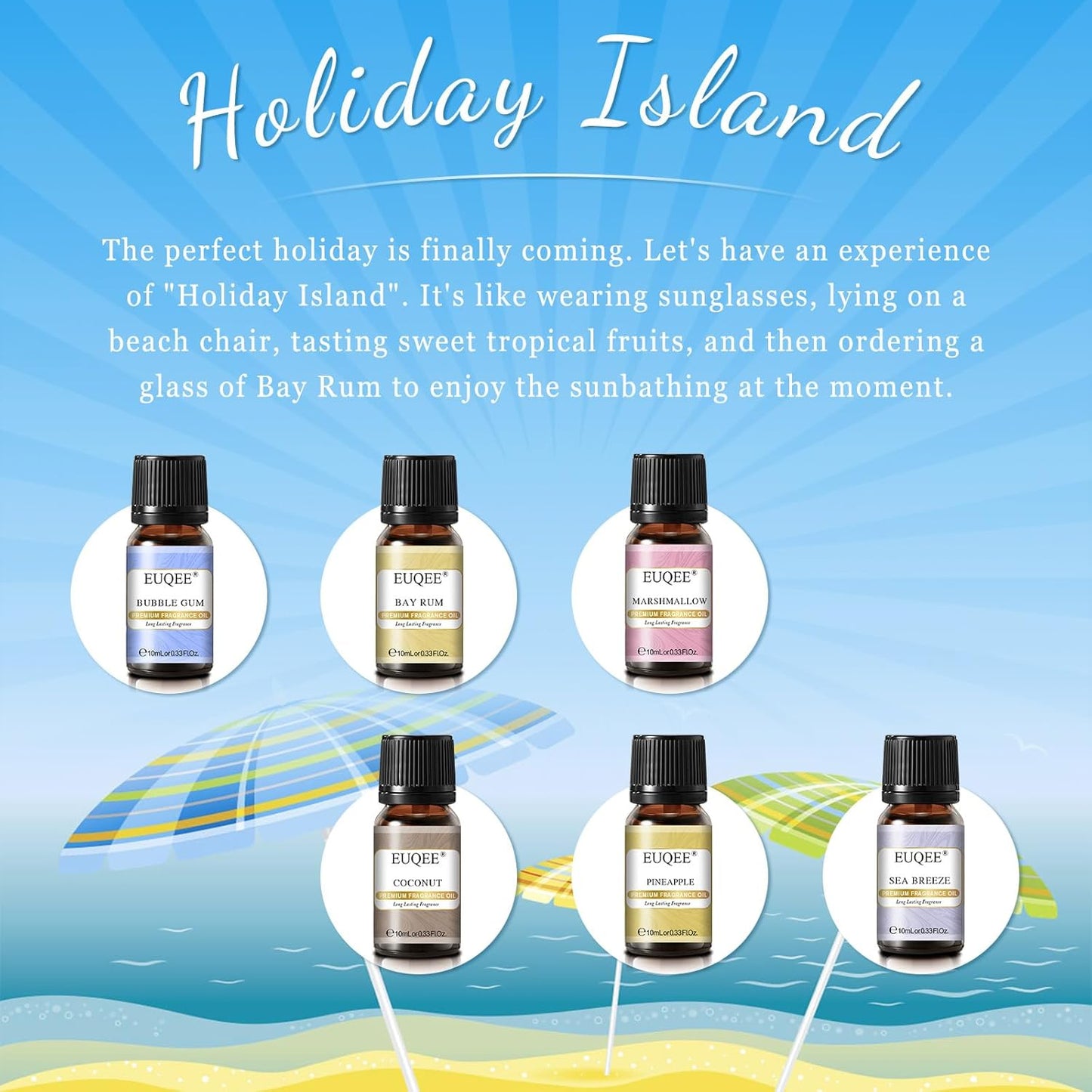 Vasaros kvapiųjų aliejų dovanų rinkinys, 6 vnt. „Holiday Island“ eterinių aliejų rinkinys drėkintuvui, aromaterapinis – ananasų, kokosų, jūros brizo, kramtomosios gumos, romo lauro lapų, zefyrų (10 ml)