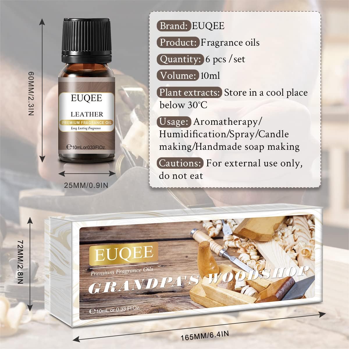 Kvapų aliejų dovanų rinkinys. Aukščiausios kokybės medienos kvapo aliejus – miško pušis, šilta kaimiška mediena, bambukas ir tikmedis, kedras, oda, saldus tabakas (medaus migla), skirtas difuzoriui, muilo gamybai, žvakei – 6 x 10 ml