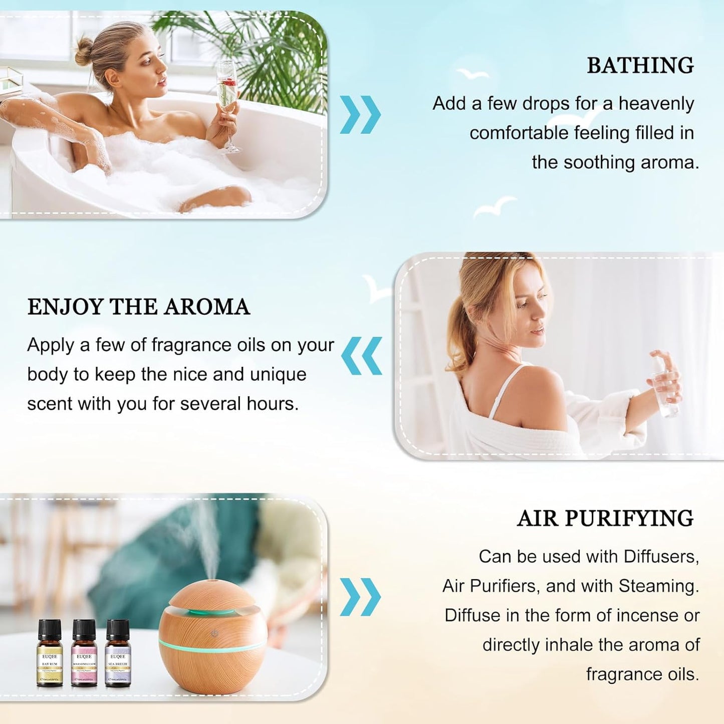 Vasaros kvapiųjų aliejų dovanų rinkinys, 6 vnt. „Holiday Island“ eterinių aliejų rinkinys drėkintuvui, aromaterapinis – ananasų, kokosų, jūros brizo, kramtomosios gumos, romo lauro lapų, zefyrų (10 ml)