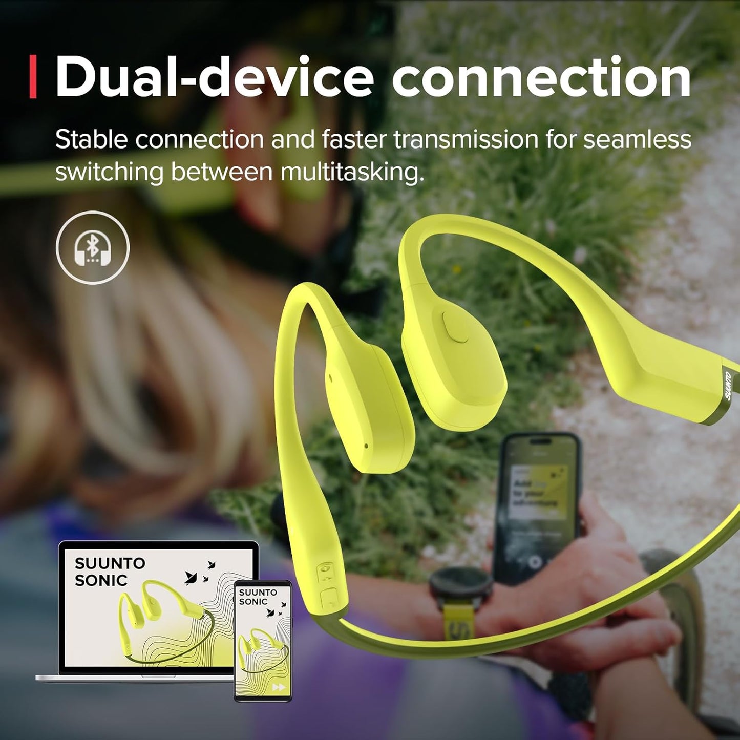 „SUUNTO Sonic“ atviros ausinės su kaulinio laidumo funkcija, belaidės „Bluetooth“ ausinės su sustiprintais bosais ir daugiataškiu ryšiu, 10 val. grojimo laikas su greitu įkrovimu, įmontuoti du mikrofonai, atsparios vandeniui ir lengvos