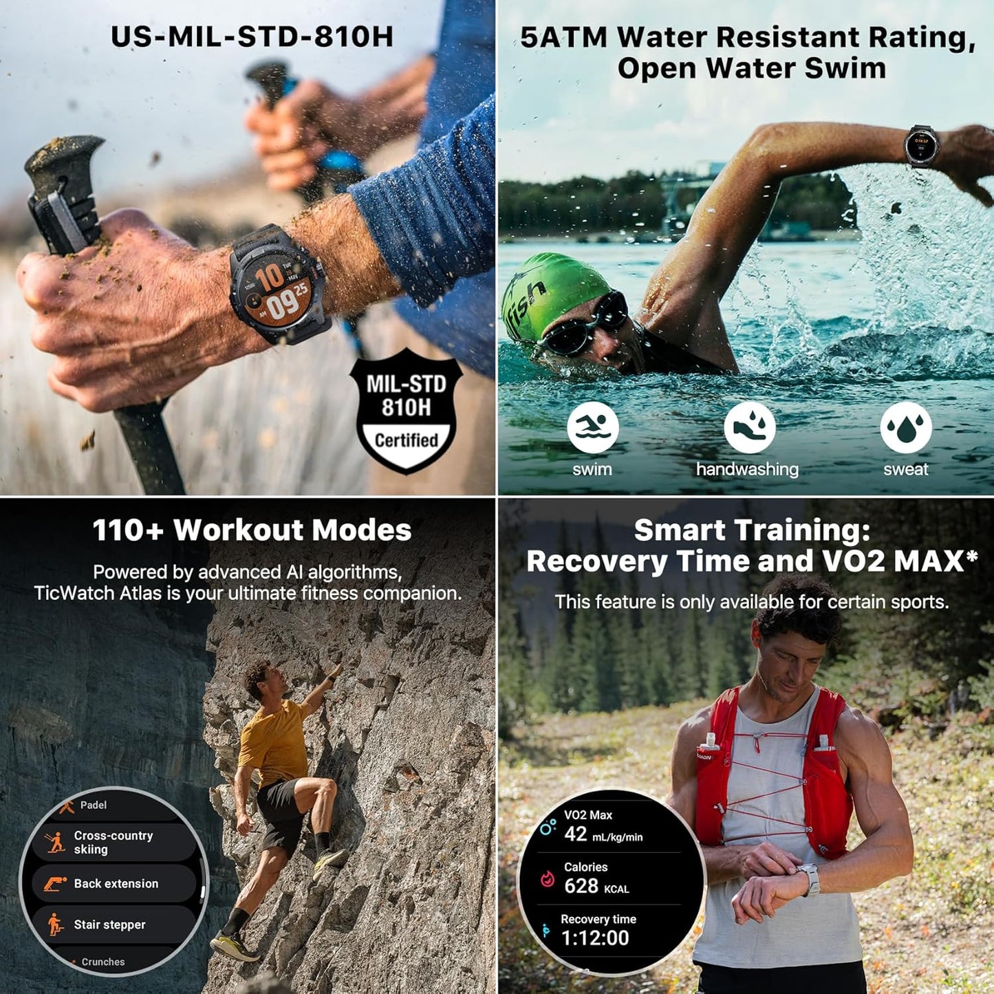 „TicWatch Atlas“ išmanusis laikrodis vyrams, skirtas „Android Wear OS“, lauko pramogoms, 90 val. baterija