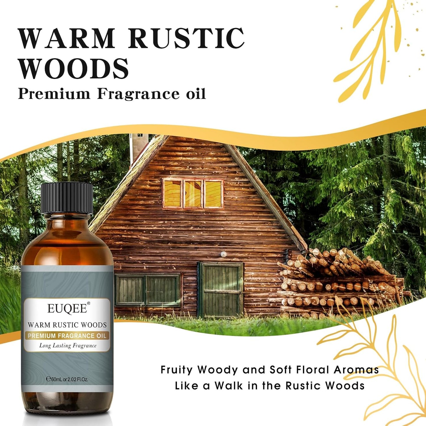 Šiltas kaimiško miško kvapo aliejus. Aukščiausios kokybės kvapo eterinis aliejus, 60 ml su stikliniu lašintuvu, skirtas difuzoriui, muilui „pasidaryk pats“, žvakėms gaminti